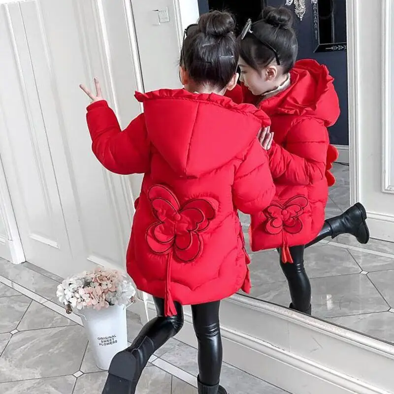 Thick Keep Warm Winter Jacket For Girls Butterfly Hooded Kids Outerwear Teenager Long Windbreaker Coat 4-12 Years old