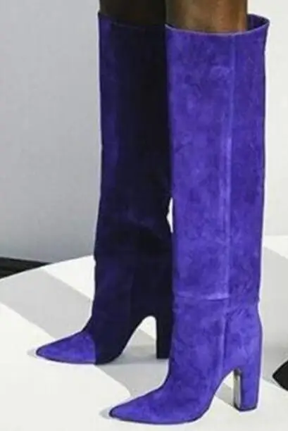 Violet Blue Brown Suede 80 mm Square Heels Loose Slip On Knee High Boots Woman Purple Pointed Toe Tube Long Botas Shoes Lady