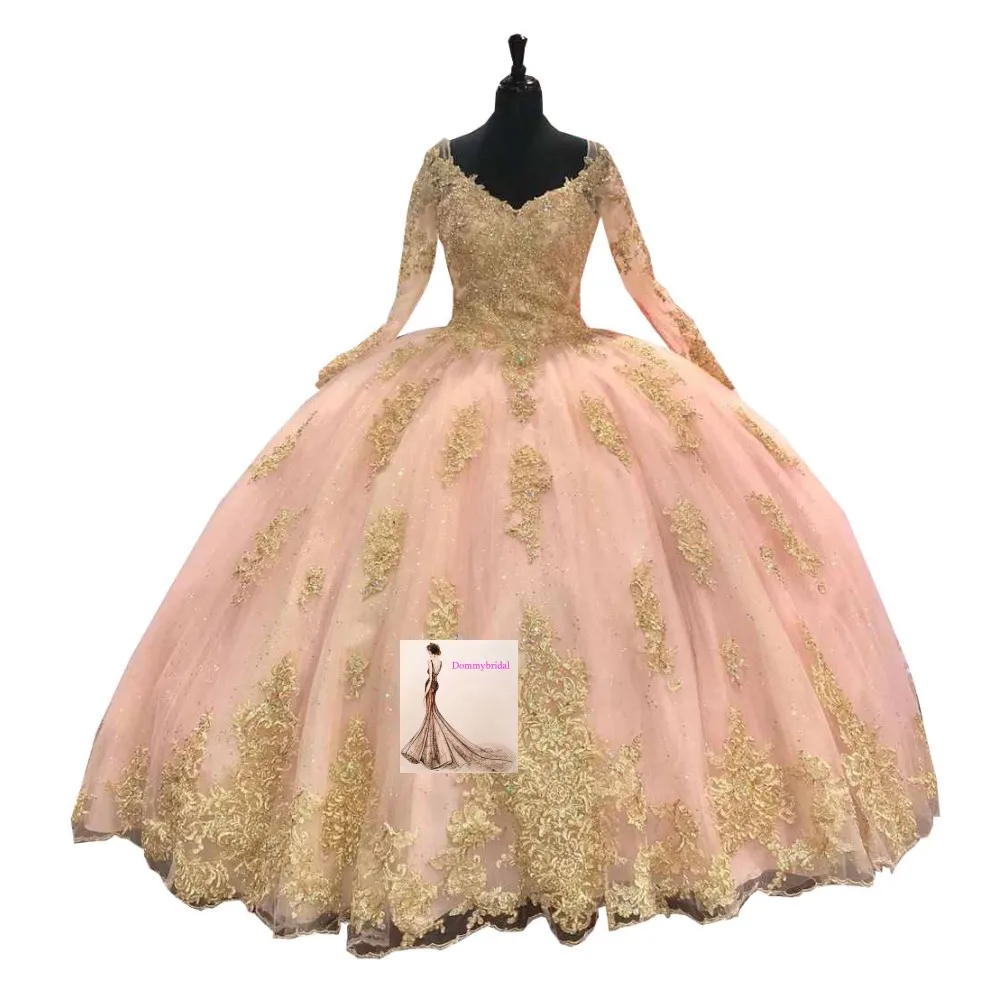 Shimmering Gold Embroidery Blush V neck Long Sleeves Ball Gown Quinceanera Prom Dresses for 15 Years girl Keyhole Back Lace up