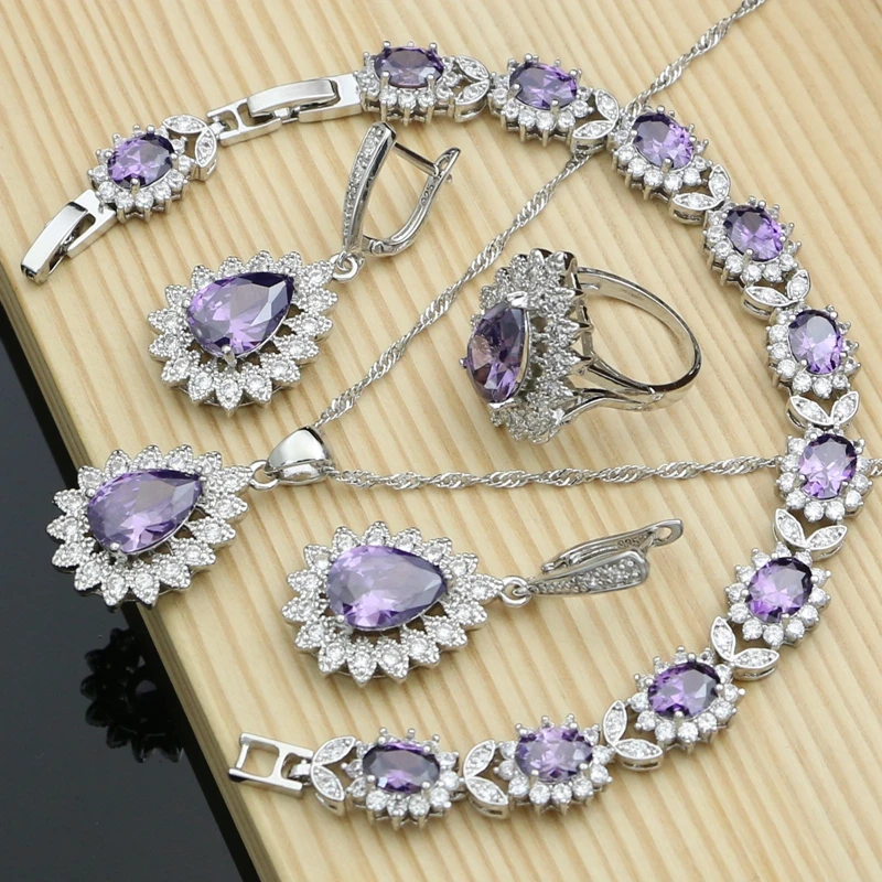 

Fashion Women 925 Sterling Silver Jewelry Sets Purple Amethyst Bohemia Earrings Rings Fashion Necklace Set Party Dropshipping