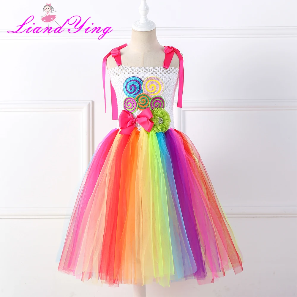 

Sweet Rainbow Candy Tutu Dress for Girls Halloween Birthday Party Clothes Kids Flowers Bow Candy Costume