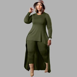 5xl 4xl Plus Size for Women Two Piece Sets Round Neck Long Sleeve Irregular Maxi Tops Tight Pants Street Wear Clothing Wholesale