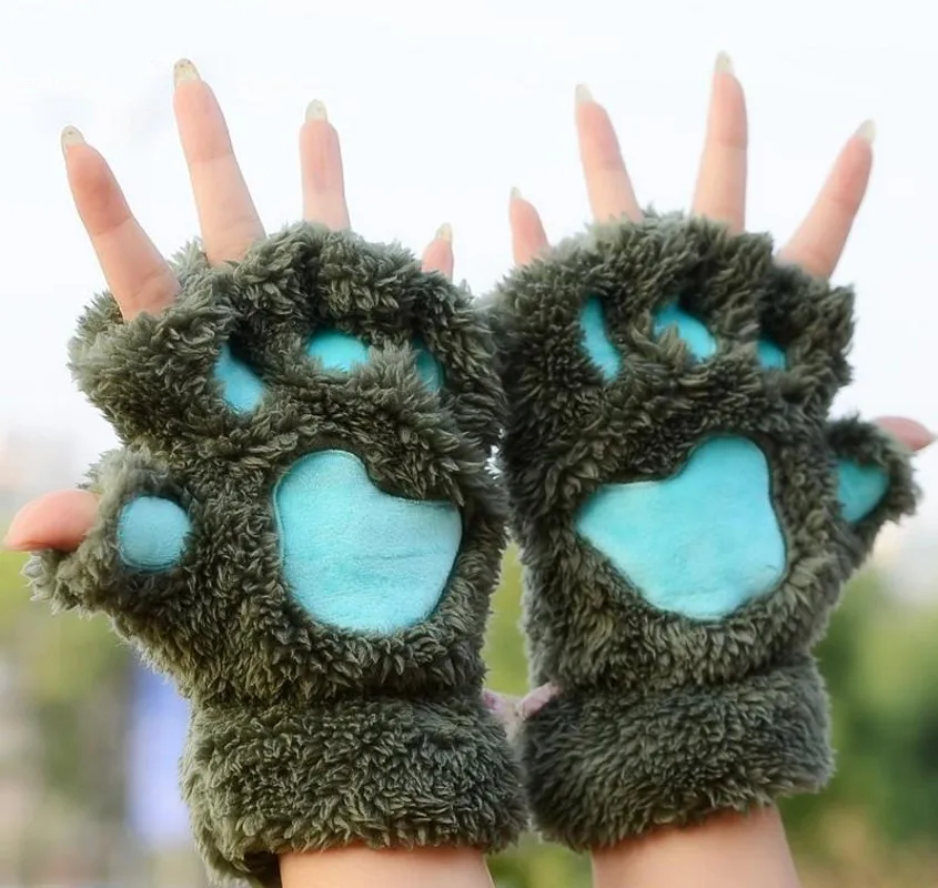 Women Plush Cat Paw Claw Gloves Faux Fur Winter Kitten Fingerless Mittens Gloves Cute Half Finger Gloves Costume Accessories