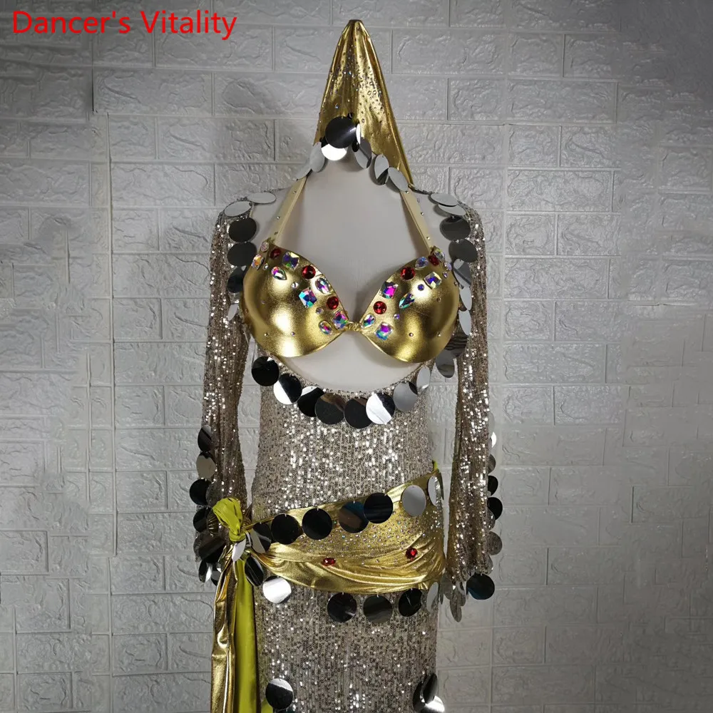 Belly Dance Robe Sequin Bra Belt Headband Competition Suit Shiny Diamond Dress Oriental Indian Dancing Stage Performance Outf