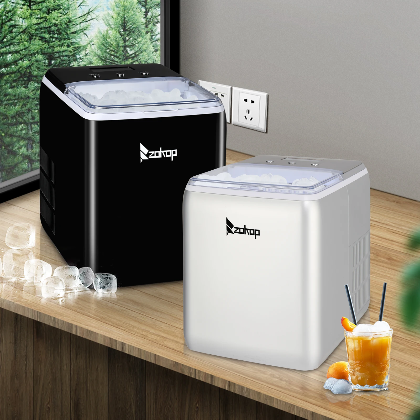 ZOKOP Ice Maker Silver/Black Plastic Transparent Cover/Display Commercial/Household with Ice Storage Basket 120V 150W 44lbs/20kg