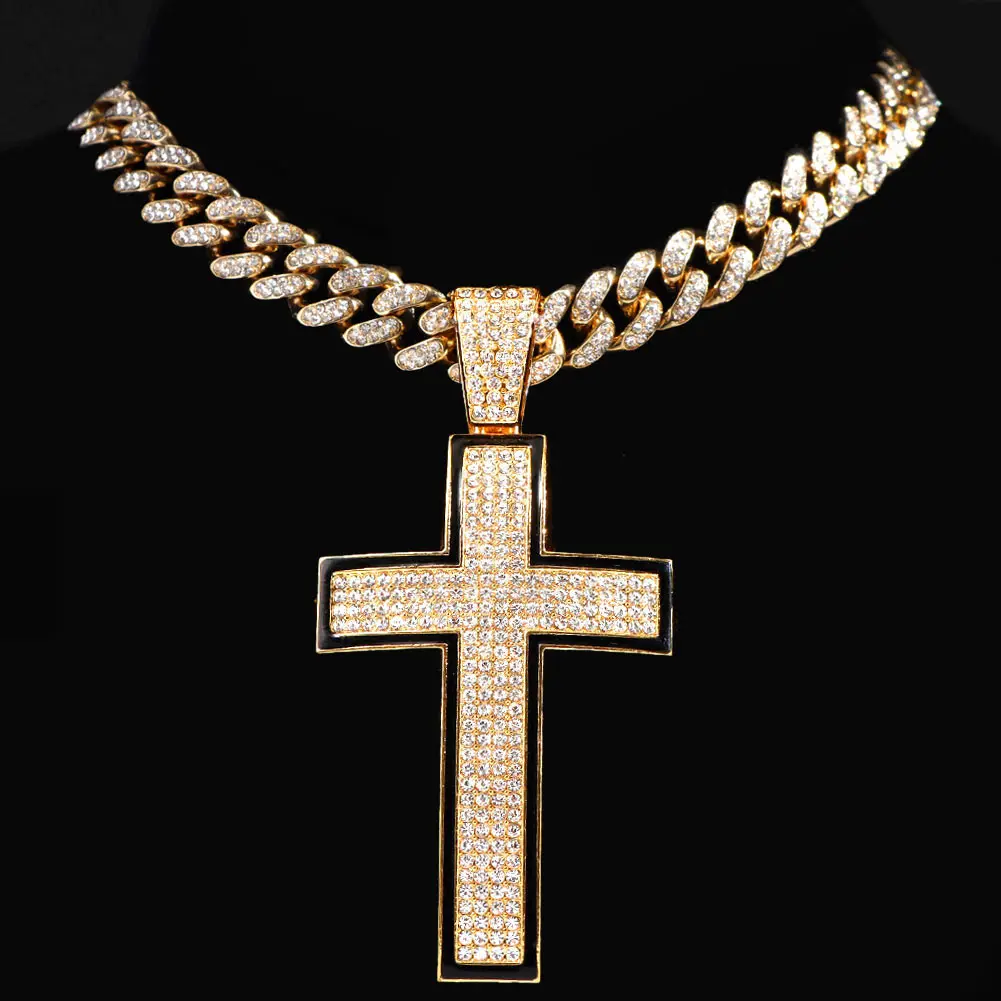 Punk Shiny Crystal Big Cross Pendant Necklace with 13mm Miami Cuban Link Chain Choker Necklaces Women Men Hiphop Fashion Jewelry