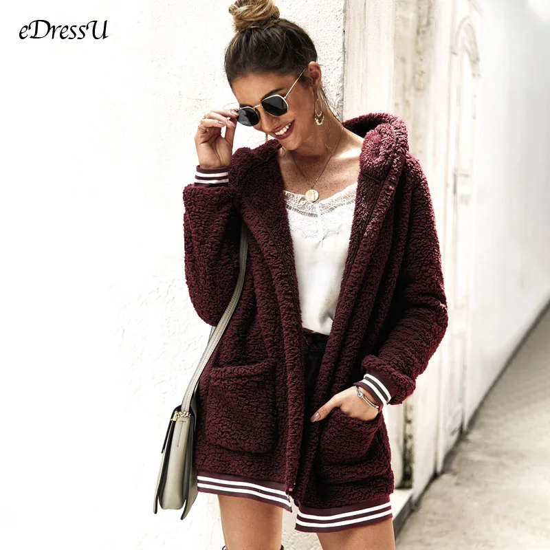 8 Colors Women Jacket Flocking Hooded Jacket Autumn Winter Jacket Long Casual Outwear Teddy Coat Pink Green Brown Coat DY-197010