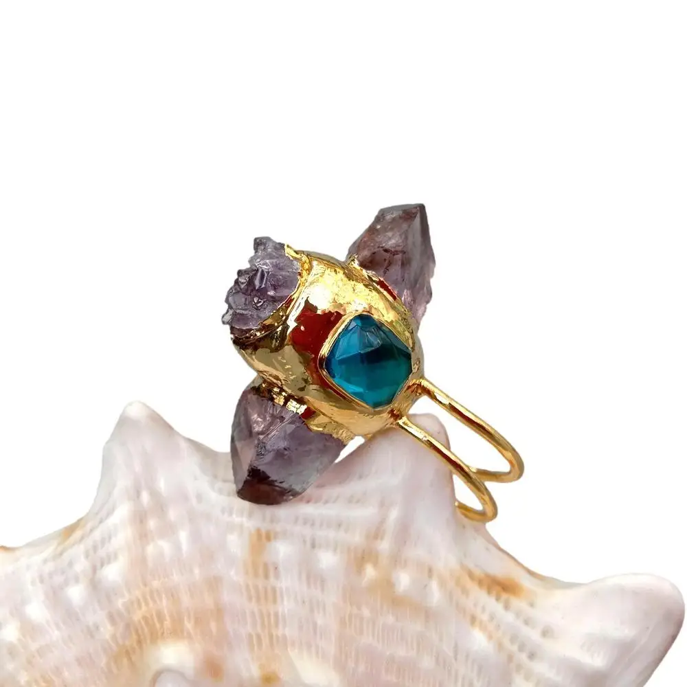 KKGEM  23x40mm Natural Purple Amethyst Point Druzy Rough Blue Crystal Ring Gold Plated Adjustable Gems Ring