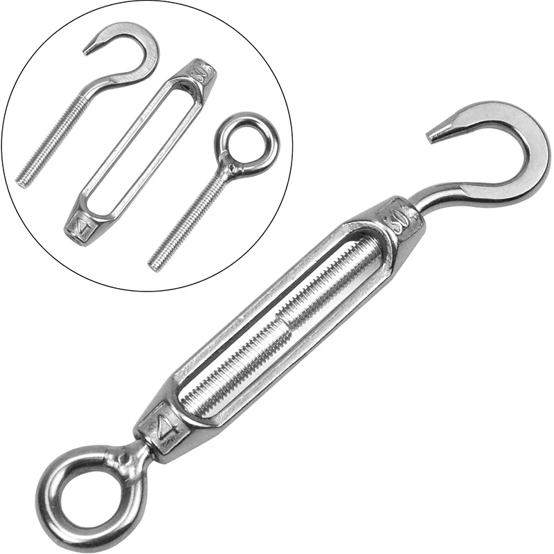 Silver 304 Stainless Steel European Style Hook & Eye Turnbuckle M4/M5/M6 Turnbuckle Adjustable Wire Rope Tensioner