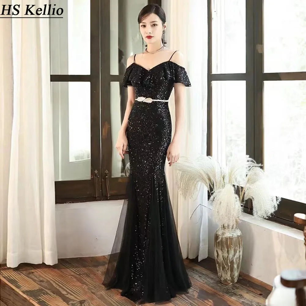 Gold-Prom-Dress Mermaid Spaghetti Strap Sexy Women Party Gown 2020