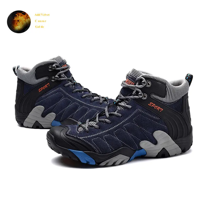 

Brand Winter Outdoor Blue Leather Hiking Shoes Men Warm Trekking Boots For Male Non Slip Climbing Mountain Shoes Men Size 38-45