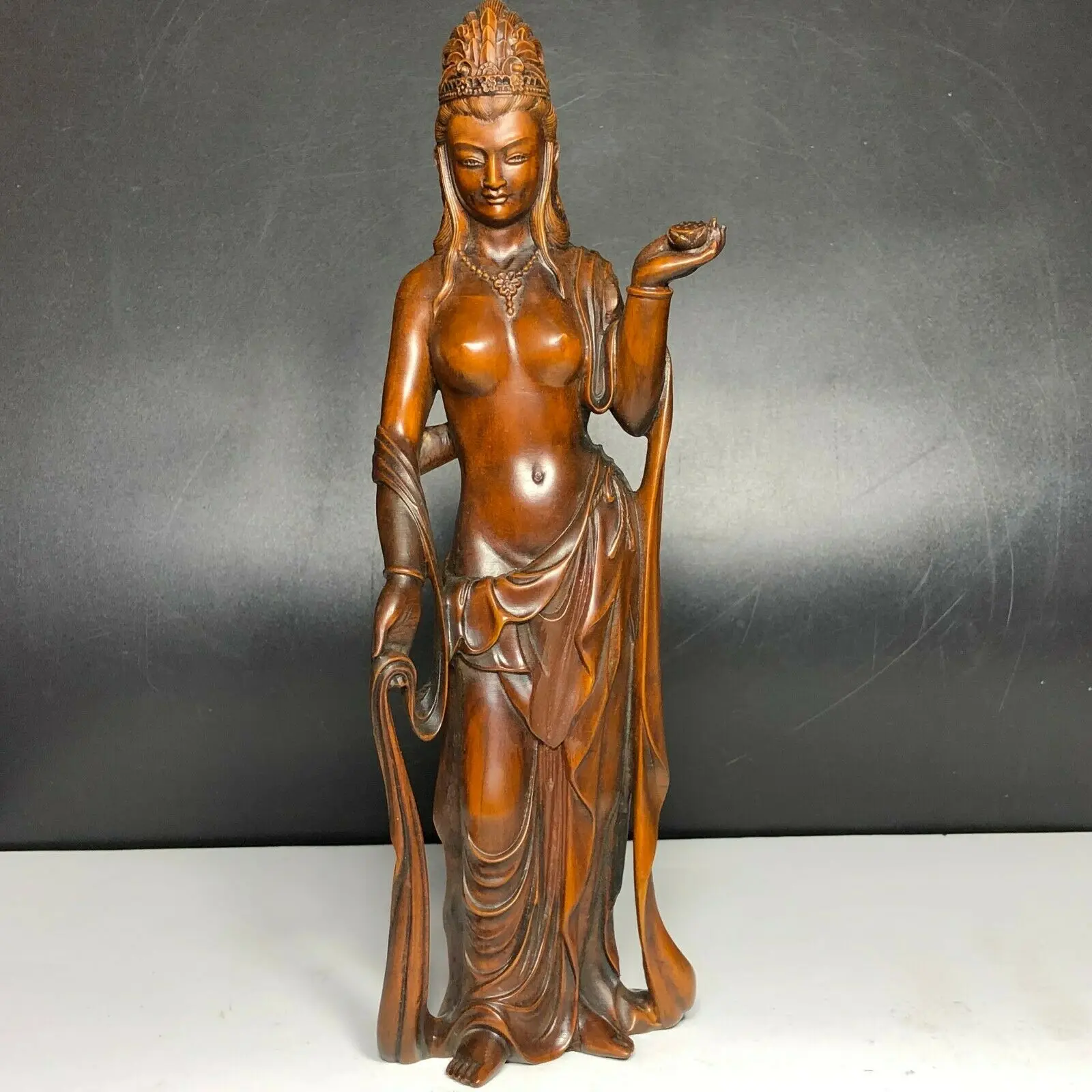 

chinese Boxwood Wood hand Carved Buddhism Guanyin Kwan-yin Goddess Statue collectable H 8.8 inch