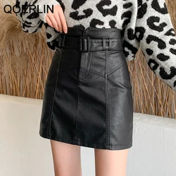 QoerliN-Jupe en cuir PU délavé pour femme, short taille haute mince, mini jupes coréennes, ceinture féminine, doublure de sécurité