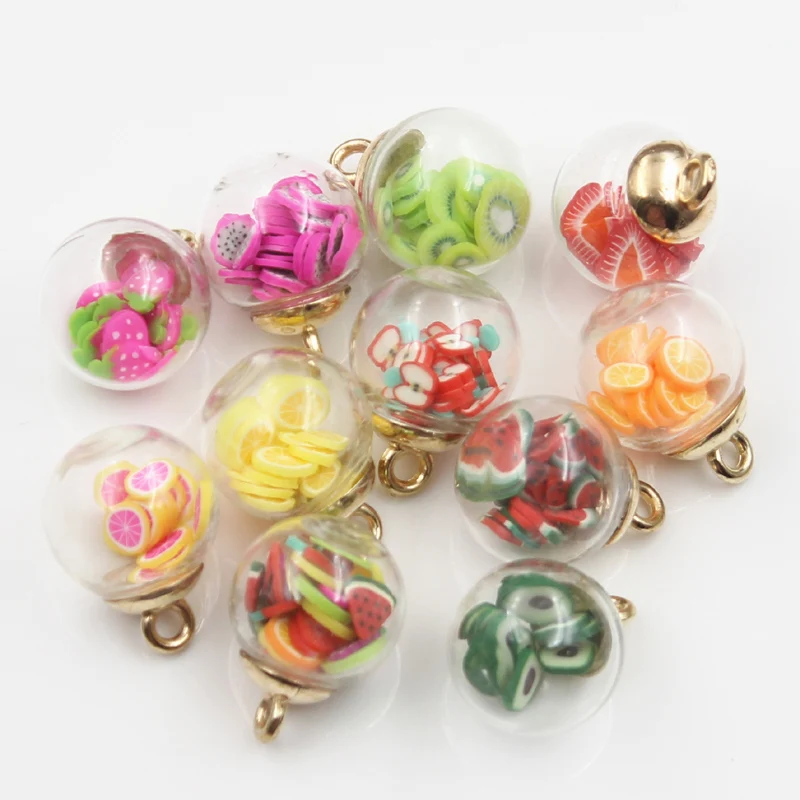 20pcs Charms Fruit Orange Juice Apple Strawberry Lemon Kiwi Avocado Glass Ball 16mm Pendants Findings DIY For Earrings Necklace