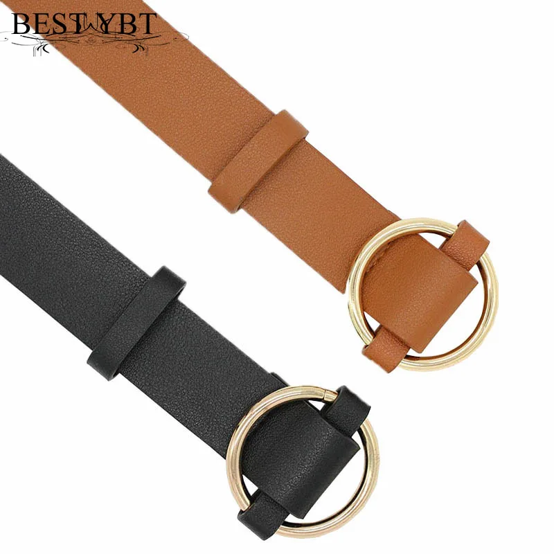 Best YBT Women Imitation leather Belt Alloy Round Smooth Buckle Belt Leisure Jeans Wild Simple Retro Decoration Casual Belt