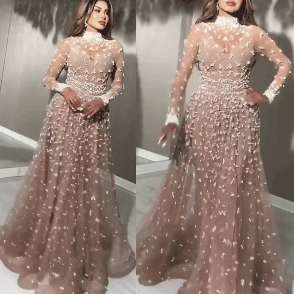 SuperKimJo Abendkleider High Neck Prom Dresses 2021 Dusty Pink Beaded Elegant Luxury Prom Gown 2022 Robes De Cocktail