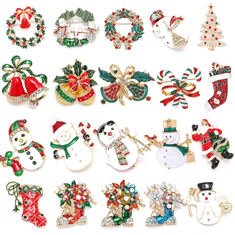 BAOPON Fashion Christmas Pins Gifts Christmas Bells Wreath Snowflake Star Crystal Brooches for Women Colorful New Year Brooch