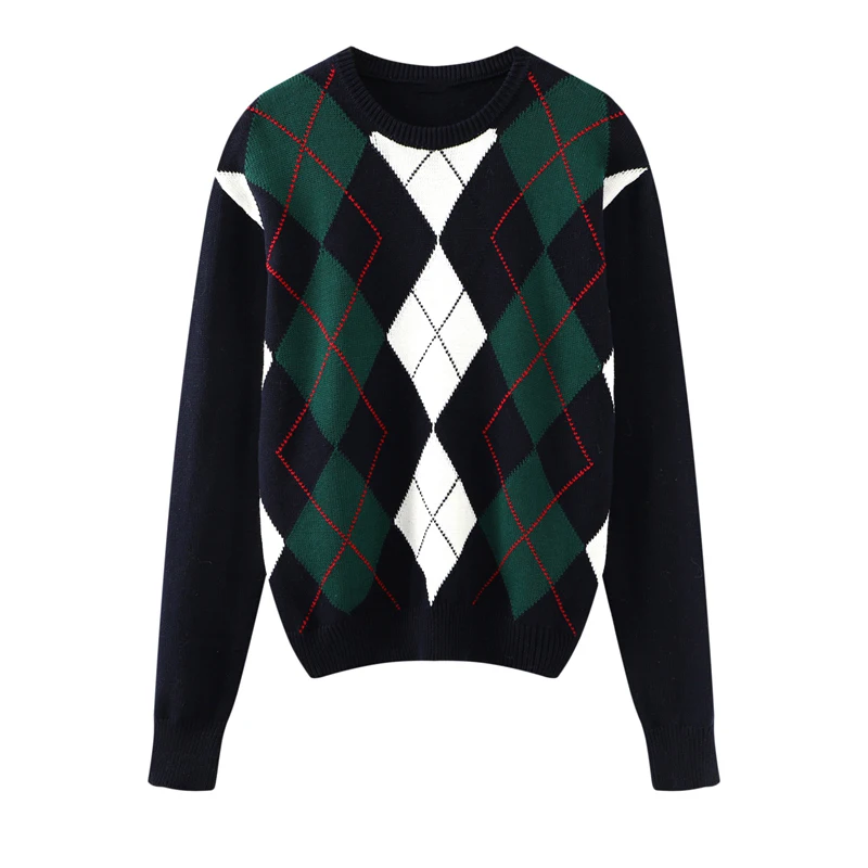 Słodkie dziewczyny Vintage dzianiny Argyle swetry 2022 wczesna jesień moda damska swetry słodkie kobiety elegancki sweter Streetwear