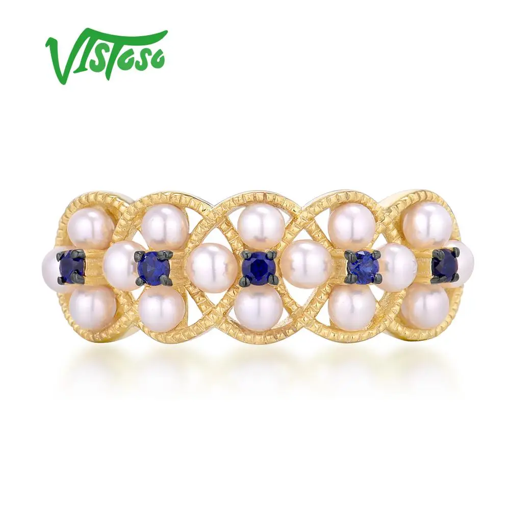 VISTOSO Gold Rings For Women Genuine 14K 585 Yellow Gold Ring Natural Blue Sapphire Fresh Water Pearl Luxury Trendy Fine Jewelry