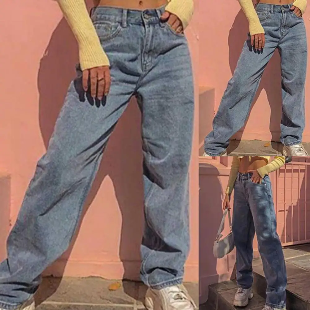 

Women Jeans Solid Color Loose Casual Wide Leg Straight Denim Pants Daily Wear