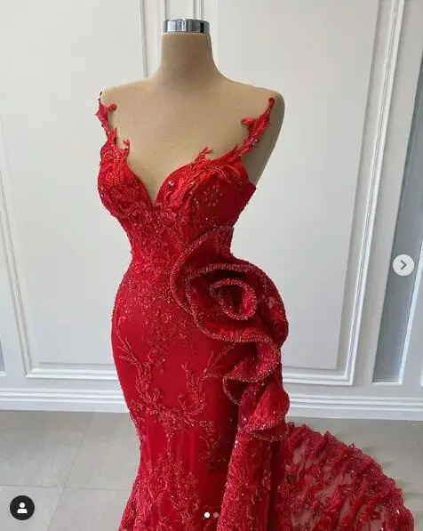 Luxury Red Lace Beaded Evening Pageant Dresses 2025 Real Image Sheer O-neck Ruffles Side Peplum Occasion Prom Dress Vestidos