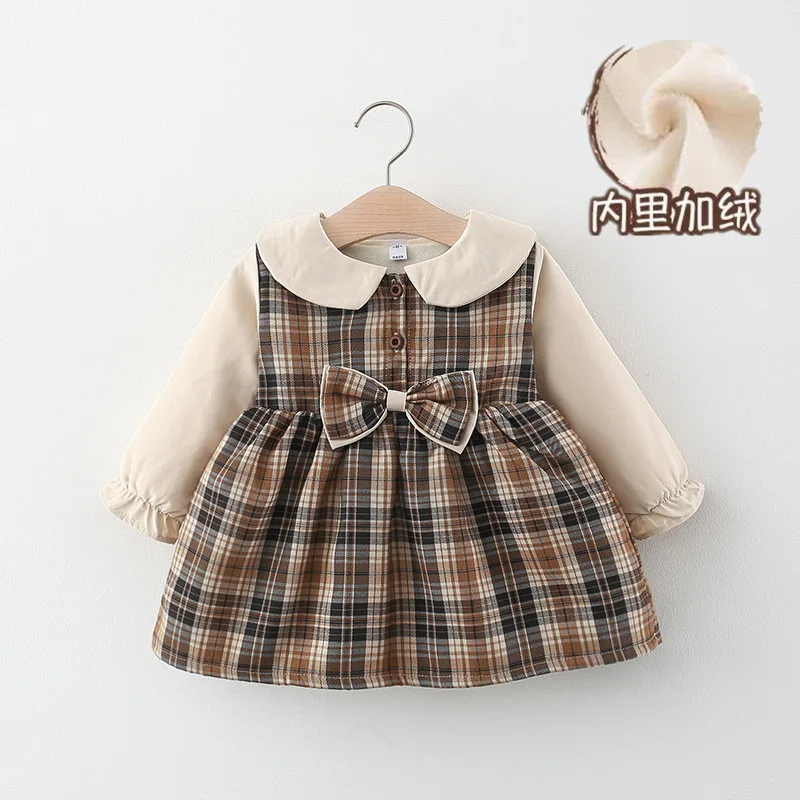 2021 new Winter 1 year baby\'s birthday newborn girl\'s clothes plaid bowknot dress for girls baby clothing outdoor warm dress