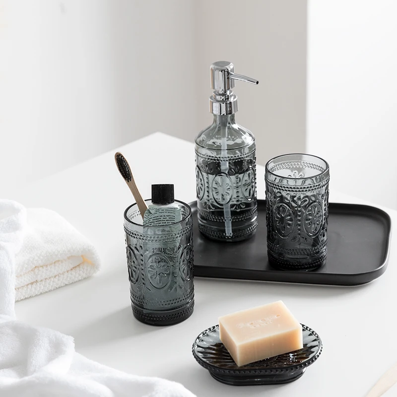 Nordic Bathroom Brush Cup Glass Soap Bathroom Five-Piece Holder Press Lotion Dispenser Container Bathroom Accessories Toiletries