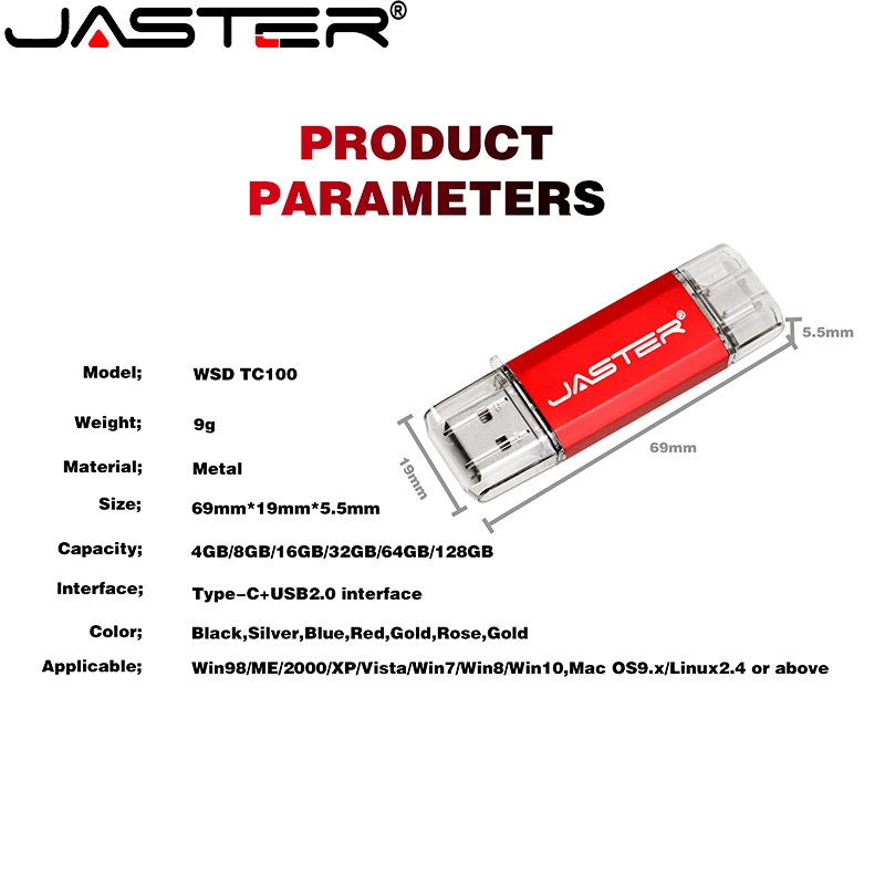 Jaster Type-c USB2.0 Plastic OTG P019 USB Driver USB Mini-Flash Driver Metal Gift 16Gb 32Gb