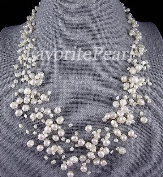 Favorite Pearl Necklace Wedding Bridesmaid 15 rows Genuine Freshwater Pearl Illusion Necklace Floating Fine Women Jewelry