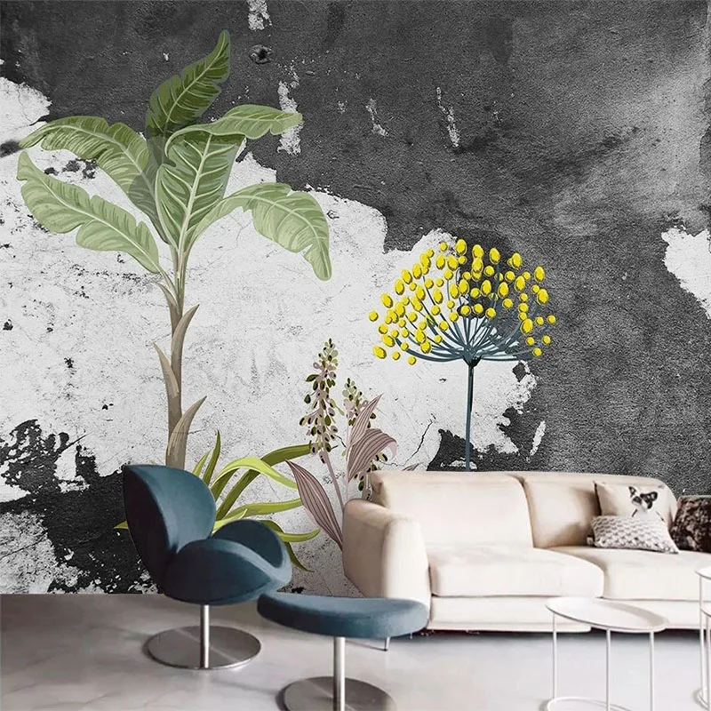 Black and white walls Wallpaper Nordic Modern Hand-painted Abstract Art Leaf Plant Bedroom Living Room Background Wall Painting