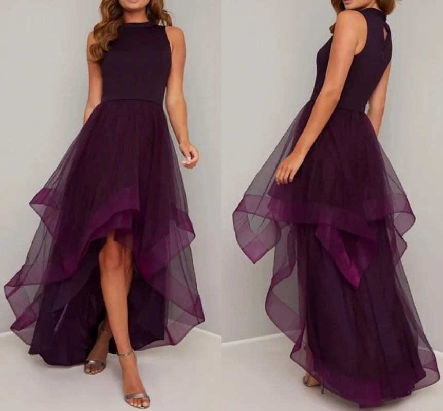 

Purple Ruffles Prom Dress 2022 Jewel Neck Sleeveless Asymmetrical Tulle Evening Party Gown Robe De Soiree Vestidos De Fiesta