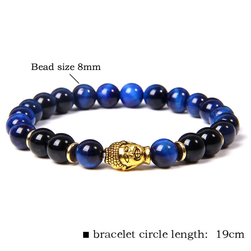 Men Bracelet Natural Stone lapis lazuli Blue Tiger Eye Beads Bracelet Fashion Gold Color Buddha Head Charm Bracelet Pray Jewelry