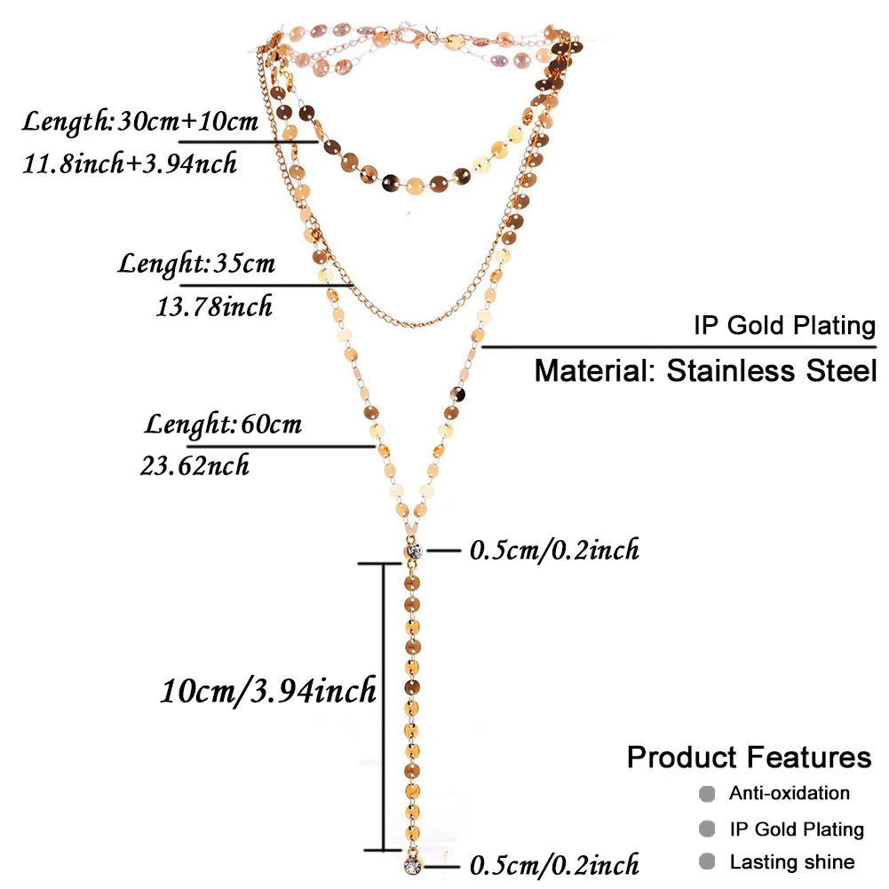 Stainless Steel Sexy Multilayer Sequins Chain Tassel Crystal Pendant  Necklace For Woman Y Shape Disc Choker Necklace