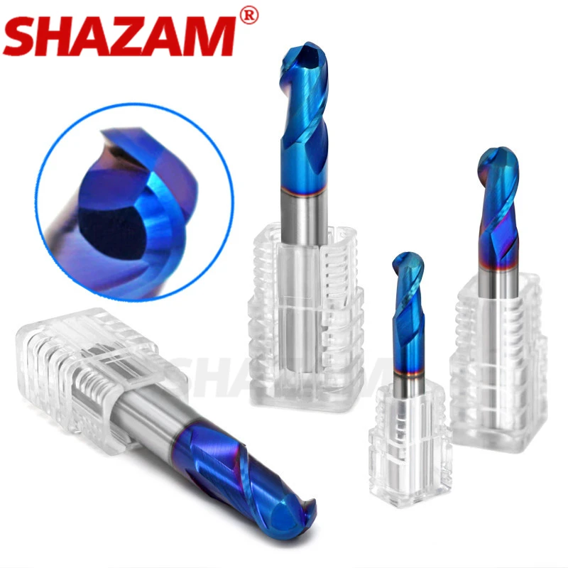 SHAZAM HRC70 Blue Nano Coating Milling Cutter 2-Flute Tungsten Steel Carbide CNC Machine Machining Ball Head Endmills Tools