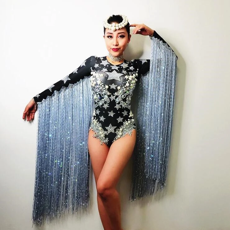 

sexy Gray Tassel Crystals Stars Bodysuit Women Stage Dance fringes Leotard Nightclub Party Female Singer Cos Celebrate Outfit