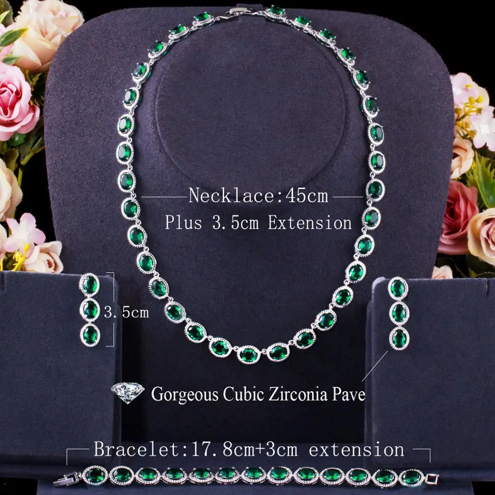 BeaQueen Exclusive Costume Jewellery Luxury Green Cubic Zirconia Necklace Earring Bracelets Party Jewelry Set for Women JS273