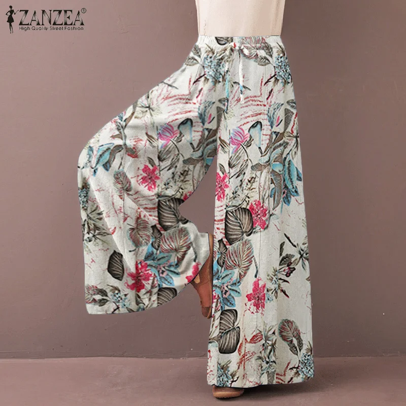 ZANZEA 2023 Kaftan Printed Pants Women\'s Wide Leg Trousers Elastic Waist Long Pantalon Palazzo Casual Floral Turnip
