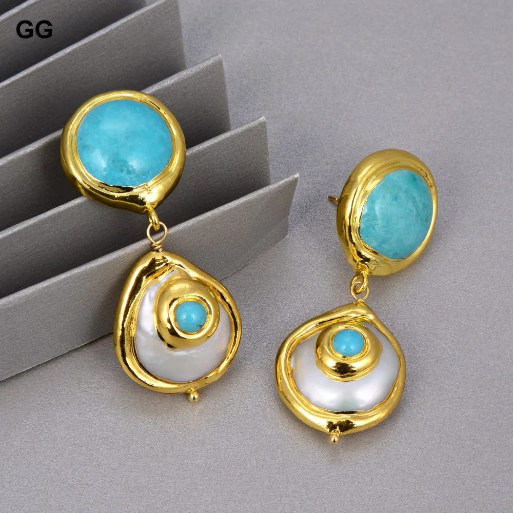 GuaiGuai Jewelry Natural Cultured Baroque Coin Pearl Gold Color Plated Blue Turquoises Necklace Bracelet Earrings Sets For Women