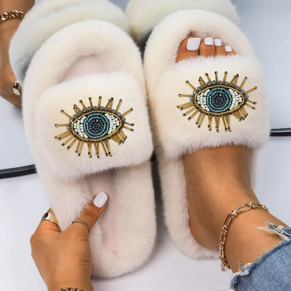 Women Sandals Fuzzy Slides Fashion Eye Decor Fluffy Slippers Luxury Brand High Quality Female Outdoor Casual Shoes Furry Slipper