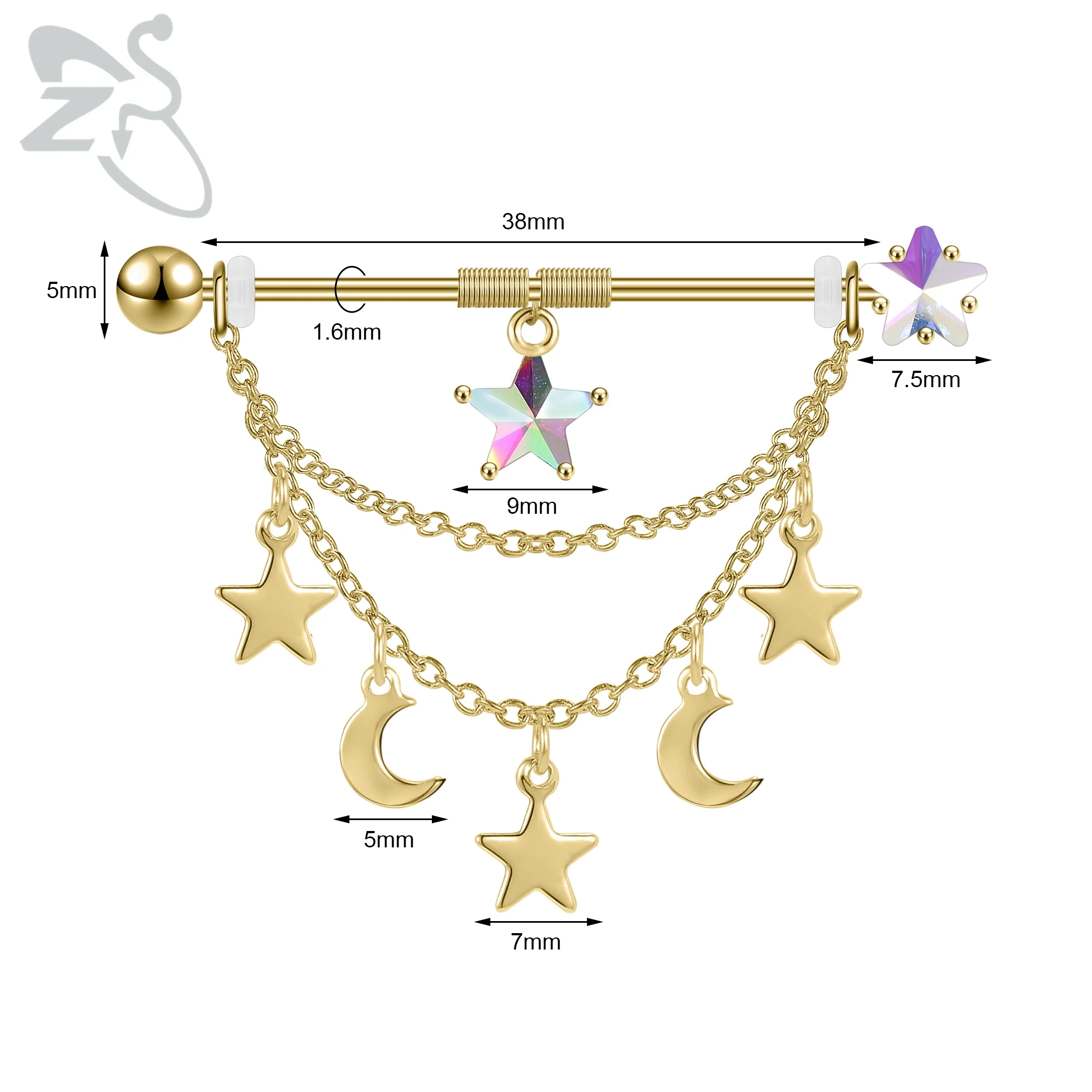 ZS 1PC 14G Industrial Barbell Chain for Women Stainless Steel Earring 38MM Gold Plated Tassel Ear Helix Tragus Piercings Jewelry