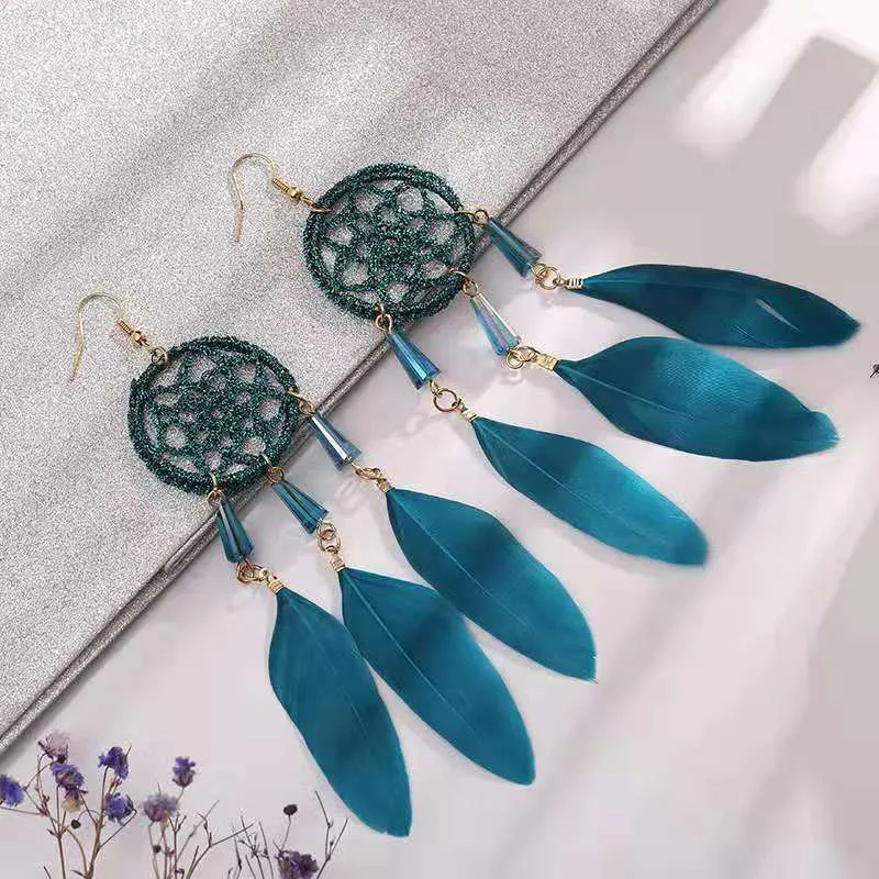 Feather Fringed Dreamcatcher Long Earring for Women Red Blue Black Feather Tassel Earrings Handmade Boho Ethnic Earings Jewelry