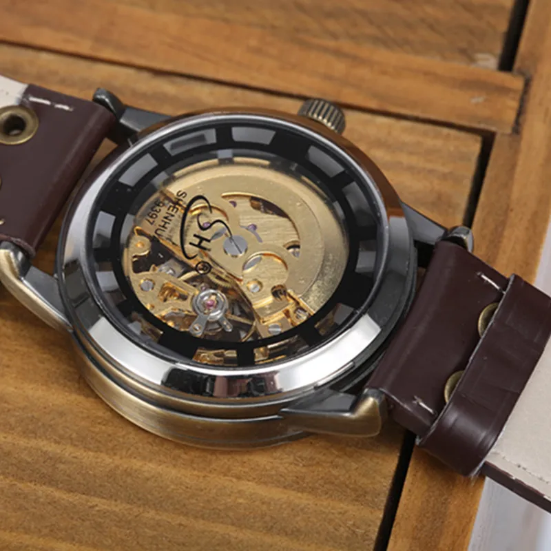 Gorben Brown/Black Leather Strap Automatic Mechanical Watch Skeleton Mens Watch Waterproof Sport Casual Male Wrist Watch