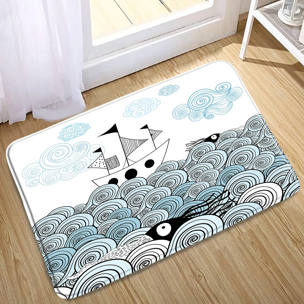 Sea Bath Mats Doormat Ocean Sailboat Lighthouse Cartoon Pattern Anti-Slip Carpet Door Outdoor Kithchen Living Room Floor Mat Rug