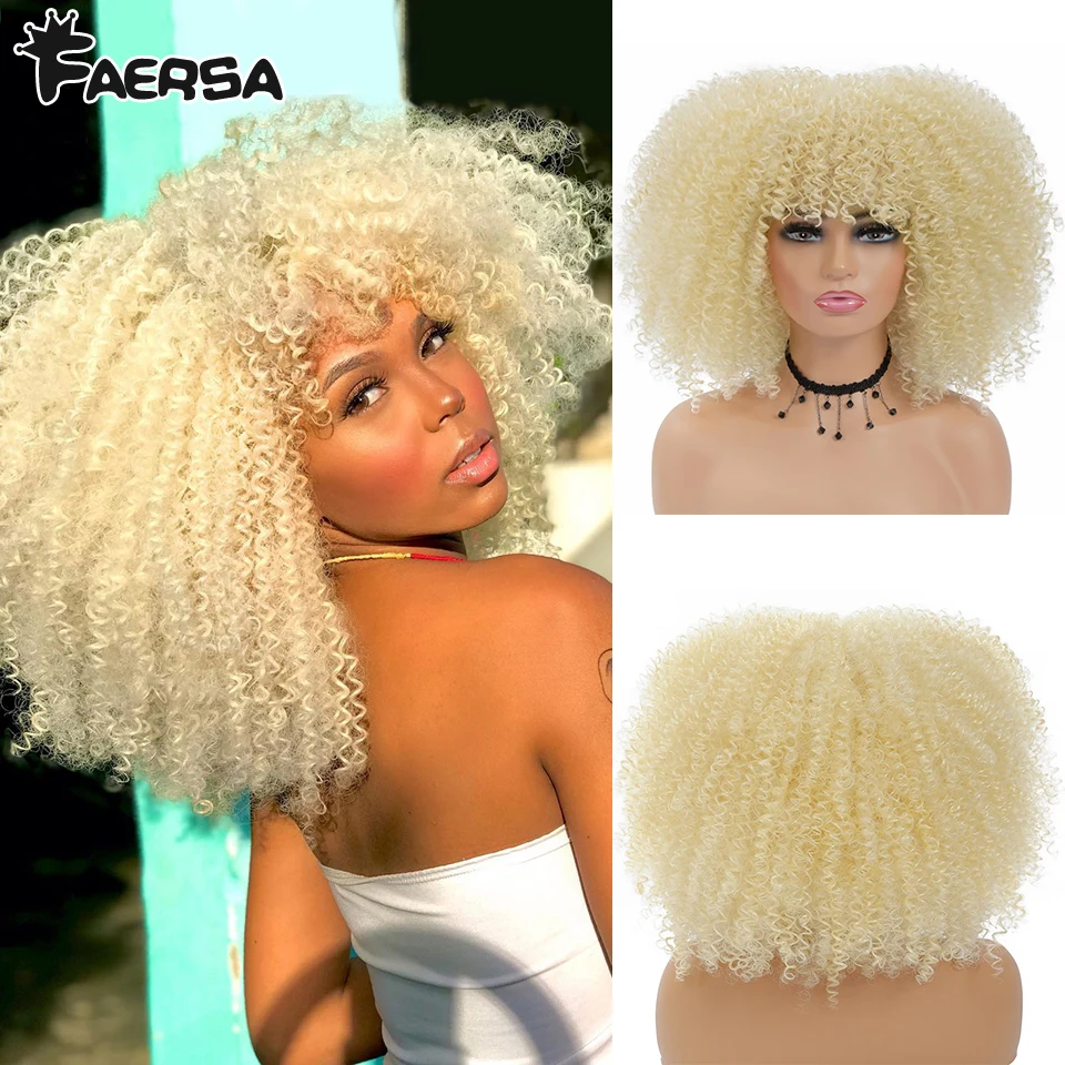 Pelucas rizadas Afro de pelo corto con flequillo para mujeres negras, peluca de Cosplay ombré sintética africana rubia de alta temperatura