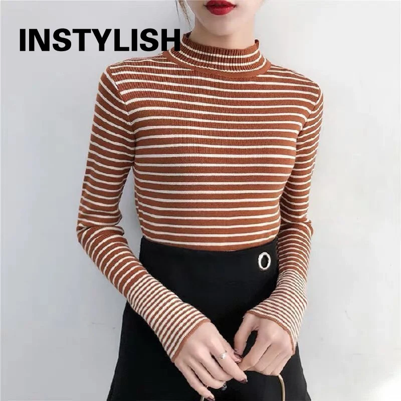 

Women Korean Striped Knitted Sweater Autumn Winter Half High Neck Elegant Slim Pullover Casual Simple All Match Bottoming Shirt