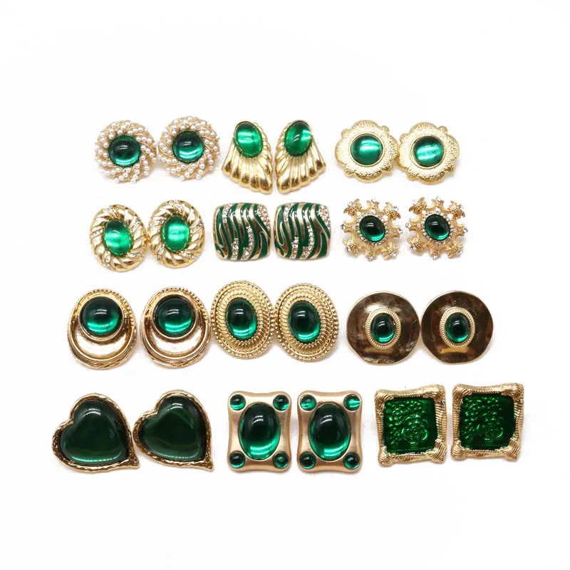 Green Styles Fashion Heart Oval Round Square Heart Wing Geometric Sweet Stud Earring Party Modern Female