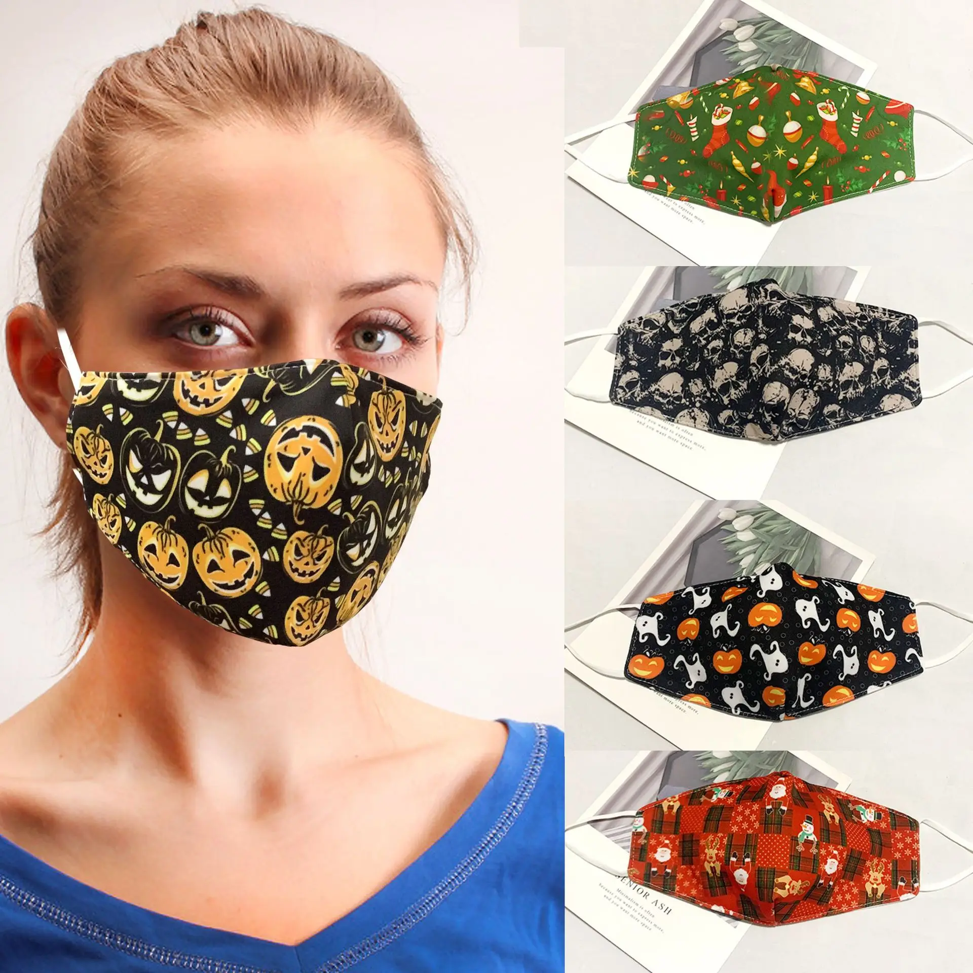 Halloween Christmas Printed Mask Fashion Washable Reusable Mask Anti Pollution Mouth Respirator Dust Masks Cotton Unisex Mouth