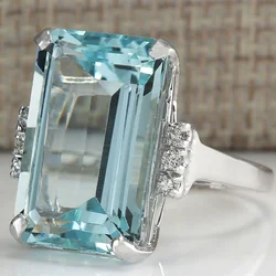 Fashion Princess Engagement Jewelry 16.42CT Natural Aquamarine Gemstone 925 Silver Wedding Promise Ring Size 5 -11