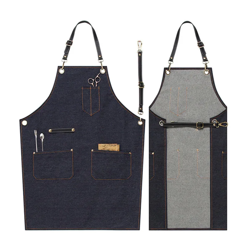 

Blue Black Denim Apron Cowhide Leather Strap Barber Florist Painter Gardener Work Wear Barista Cafe Bartender Pastry Uniform D46