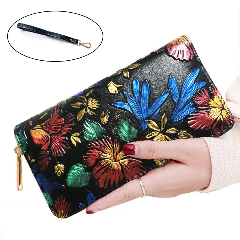 

Retro Women Long Wallet Zipper Coin Purse Luxury Hand Painted 3D Flowers Card Holder